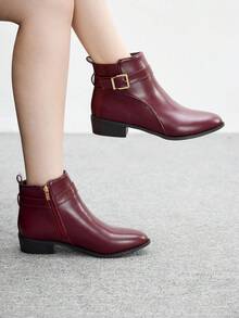 CUCCOO BIZCHIC 新款圆头防滑厚底平底女式复古踝靴，酒红色欧美风中筒靴，女式 - 酒紅色 - 查看 2