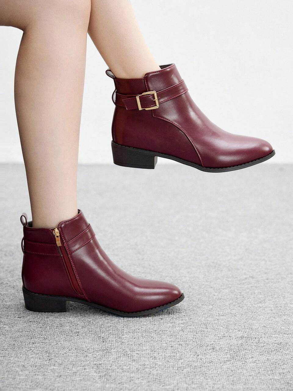 CUCCOO BIZCHIC New Round Toe Anti-Slip Thick Bottom Flat Women Vintage Style Ankle Boots, Burgundy European & American Style Mid-Calf Boots, Women For Christmas Spring Shoes