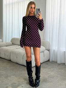 Aloruh 女士纯色圆领长袖紫色波尔卡圆点印花浪漫优雅褶饰印花紧身迷你连衣裙，适合约会、外出，时尚 - 彩色 - 查看 1