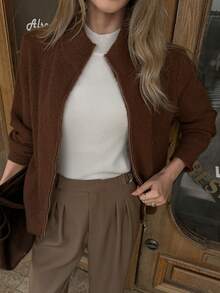 Elyressa Women's Solid Color High Neck Raglan Sleeve Zip-Up Fashionable Knit Cardigan - Brown - View 3