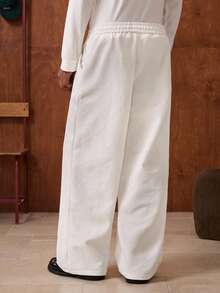 SWAVVY 男士休闲日常通勤百搭纯色纹理面料抽绳腰部斜口袋宽松阔腿运动裤 - 白色 - 查看 2