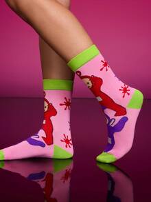 Teletubbies X SHEIN 2Pairs Soft & Breathable Moisture-Wicking Casual Women Mid-Calf Socks With Cute Cartoon Pattern Fashionable Pink & Purple Crew Socks Reinforced Toe & Heel For Durability All Season All-Match Summer Winter