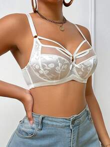 1 件女士花卉提花镂空设计时尚钢圈文胸 - 白色 - 查看 8