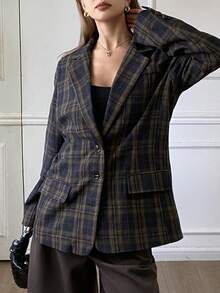 DAZY 复古格纹宽松长袖翻领休闲优雅女士西装外套，秋冬商务装 - 棕色 - 查看 5