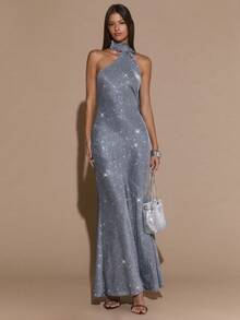 SHEIN BAE 纯银闪光女式派对礼服，秋冬款，露背垂坠领修身优雅长款美人鱼裙，适合约会、音乐节、生日、早午餐、婚礼、派对、万圣节、圣诞节 - 銀色 - 查看 7