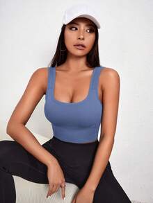 Gameset SHEIN Sport 女士方领简约纯色无缝可拆卸衬垫运动文胸 - 藍色 - 查看 5