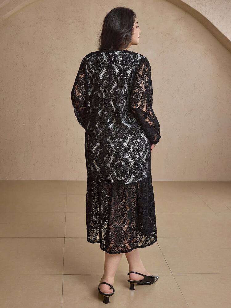 Dazy Plus Plus Size Women Lace Loose A-Line Lantern Sleeve Dress, Suitable For Party, Date Night Prom Dress Elegant Women Dresses