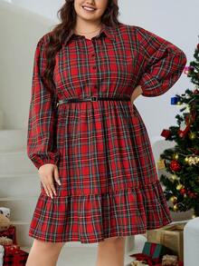 SHEIN CURVE+ Plus Size Plaid Shirt Dress, Red Christmas Holiday A-Line Loose Skirt Plus Size Christmas Red Plaid Dress Plus Size - Red - View 8