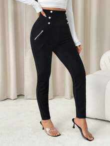 SHEIN PETITE High Waist Button Detail Black Skinny Pants - Black - View 4