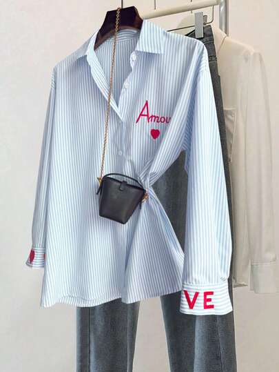 Franclia Camicia a maniche lunghe a righe classica, con delicato motivo ricamato, vestibilità morbida e comoda