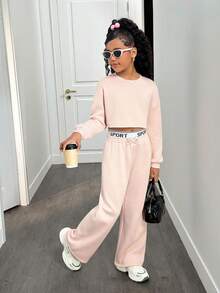 SHEIN Tween Girls Pastel Pink Autumn Cow Boy School Back-To-School Casual Loose Drop Shoulder Sweatshirt & Pleated Letter Waistband Sweatpants 2 Piece Set - Baby Pink - View 6