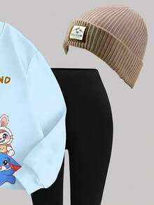 1 Set Young Girls Cute Cartoon Big Ear Rabbit Pattern Blue Crew Neck Sweatshirt And Leggings Set, Autumn/Winter Daily Outfit And School Wear - Multicolor - View 5