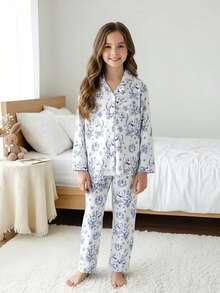 SHEIN 女童休闲兔子印花全拉链连帽衫和裤子两件套家居服套装 - 藍白色 - 查看 8