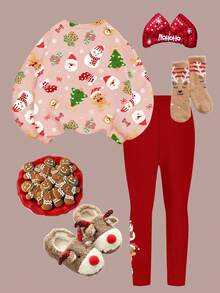 2pcs/Set Tween Girls Cozy Pink Christmas Themed Graphic Print Sweatshirt And Leggings Set,Cute Matching Family Soft Thermal Lined Autumn Outfit - Multicolor - View 2