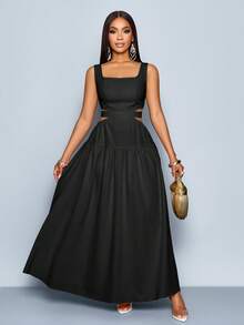 SOLERSUN 女士优雅方领腰部镂空系带后褶露背 A 字裙，适合夏威夷、女士夏季连衣裙、茶会礼服、白色毕业长裙 - 黑色 - 查看 5