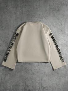 PAVTROS 男式字母和图案印花圆领长袖休闲 T 恤 - 卡其色 - 查看 2