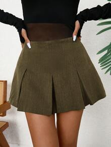 EMERY ROSE Women's Solid Color Pleated A-Line Skirt, Casual & Versatile - Army Green - View 5