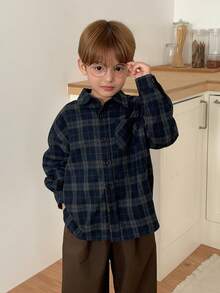 DAZY Young Boy Plaid Long Sleeve Single-Breasted Casual Loose Pocket Shirt