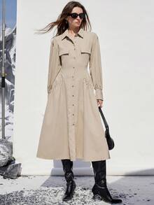 Aveloria Modichic Elegant Waist Cinched Solid Color Long Sleeve Dress, Fashionable & Versatile, Suitable For Commuting, European & American Style, Autumn/Winter - Khaki - View 3