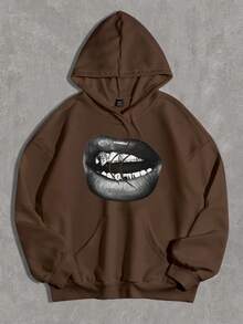 Slaydiva Sudadera holgada con capucha, estampado minimalista de labios, de ajuste suelto y gruesa, para mujer, otoño/invierno - Marrón - Ver 2
