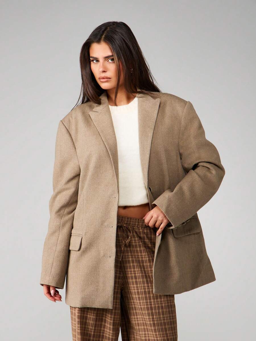 MISSGUIDED 超大羊毛宽松西装外套结构翻领夹克秋冬商务专业外套 - 灰色 - 查看 1