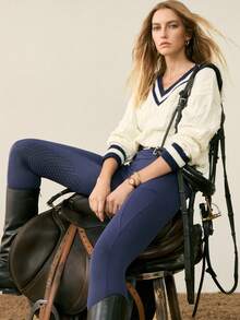 Activina Sweter damski w paski z dekoltem w serek i długimi rękawami, z warkoczowym wzorem