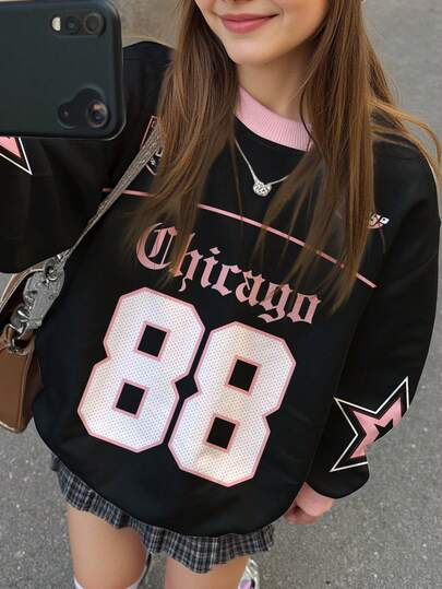 SHEIN Leap Crew Tween Girls 街头运动 88 号图案印花厚实柔软舒适长袖圆领运动衫，适合秋冬季休闲、街头、校园穿着