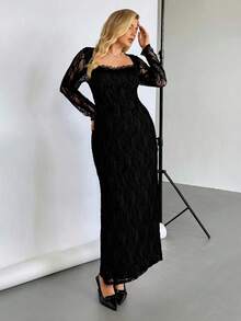 Auralis New Plus-Size Ladies' And Party, Date And Evening Dress, Sexy S-Shaped Lace Long-Sleeved, Cup, Fishbone, Square Neck Tight, Bodycon Black Extra-Long Dress, Sexy And Elegant Ladies' Dress,Wedding Guest Dress Women Dresses For Women Elegant Elegant Dresses For Women Birthday Dress Dresses For Women Dresses For Women Party Lace Dress Dresses Spring - Black - View 4