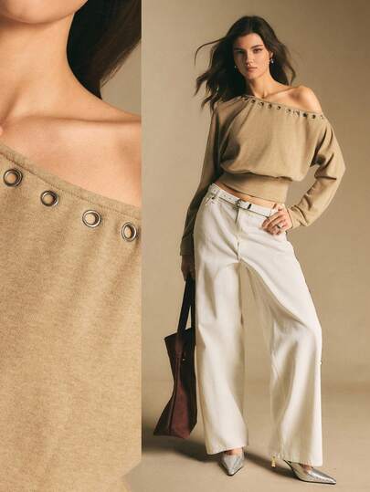 Poéselle Khaki Off-Shoulder Waist Top With Eyelet Decoration On The Collar, Simple And Fashionable, Old Money Style, Street Style,Asymmetric Collar Cropped Top, Fashionable Solid Color, Autumn Off Shoulder Sweater Khaki Top Light Brown Top Off Shoulder Shirts Tan Tops Women,Beige Knit Top, Cozy Chic Pullover, Fall Fashion