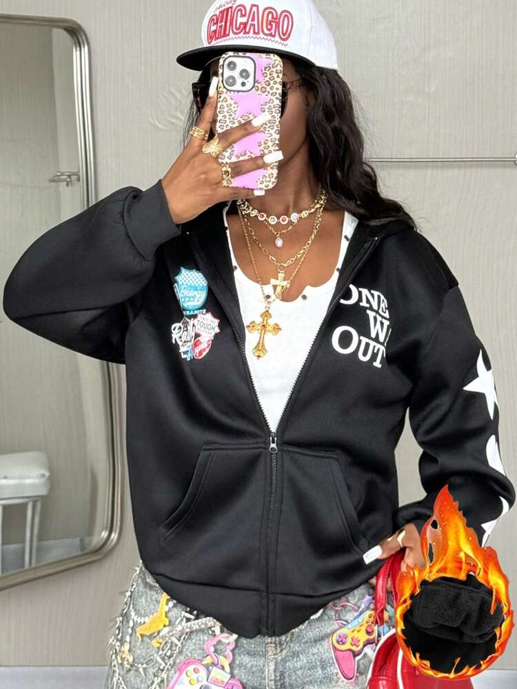 Coolane Women's Spring/Summer Couple Same Style/Couple Same Style/Basic/Going Out Knit Camo Thermal Lined Keep Warm Zip Up Green Baggy Long Sleeve Sweatshirt Autumn Winter Clothes For Women - Black - View 4