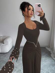 Elenzga 秋冬新款优雅淑女珍珠装饰腰部褶饰修身精致优雅高端黑白撞色设计连衣裙，适合生日派对、宴会、约会 - 棕色 - 查看 3