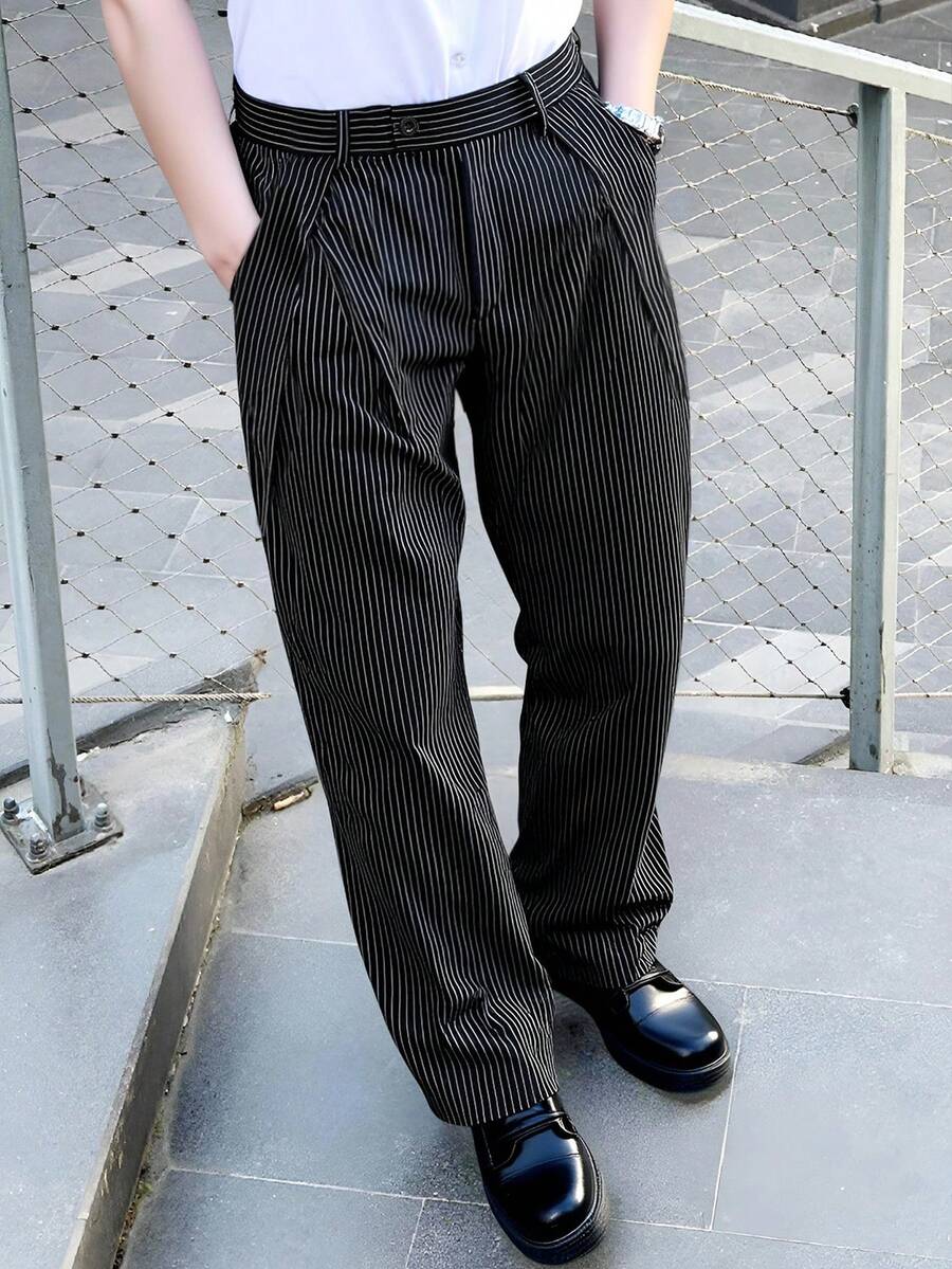 Manfinity Homme 男士宽松条纹阔腿裤，休闲时尚百搭长裤，细条纹西裤，男士褶裥西装裤，男士宽松西装裤 - 黑色 - 查看 1