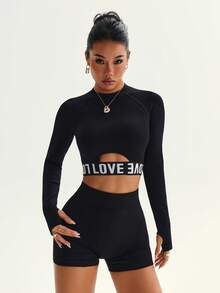 SHEIN Dewbera Women's Letter Print Cutout Raglan Long Sleeve Cropped Sports T-Shirt Workout - Black - View 6