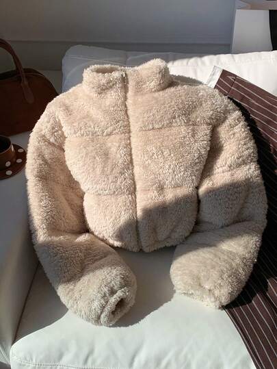 Comfortcana Women's Solid Color Long Sleeve Faux Fur Cropped Bread Jacket, Winter Coat,Women's Winter Clothes