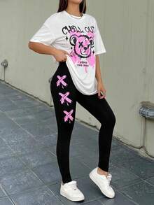 SHEIN 少女 2 件套，白色圆领泰迪熊涂鸦印花宽松 T 恤和黑色紧身裤运动装 - 黑與白 - 查看 8