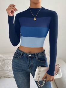 SHEIN Unity 女式圆领拼色条纹修身短款针织毛衣 - 彩色 - 查看 4