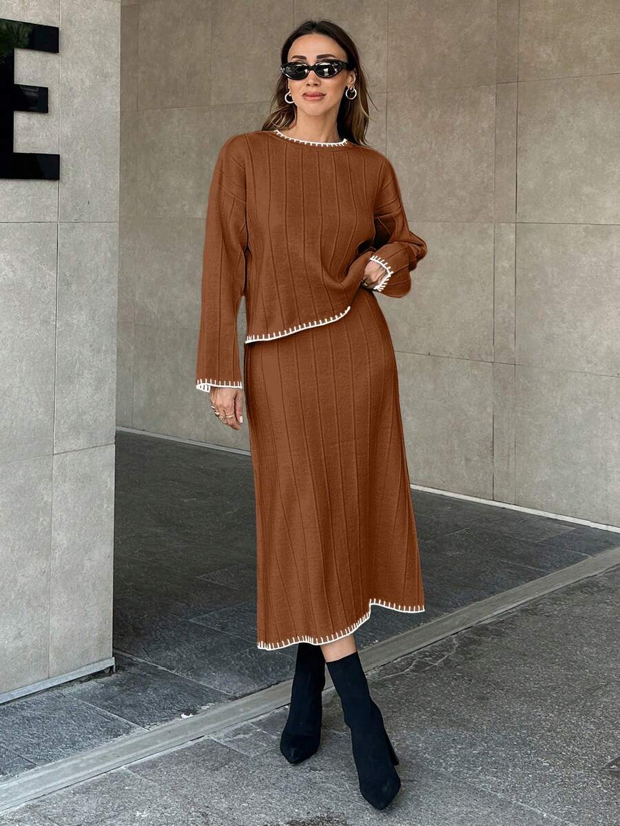 EURMUSE Women Solid Color Rib Knit Handmade Stitch Detailed Sweater & Sweater Skirt Set - Brown - View 1