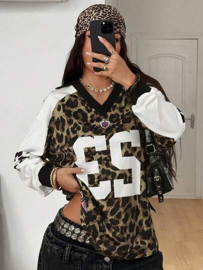 Coolane Women's Fall/Winter Streetwear Grunge Going Out Casual Vintage Goth Y2K Comfortable Lapel Sweatshirt Leopard Print