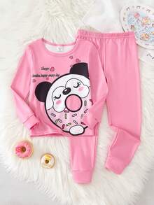 少女可爱甜甜圈印花粉色长袖和裤子睡衣套装 - 粉色 - 查看 4