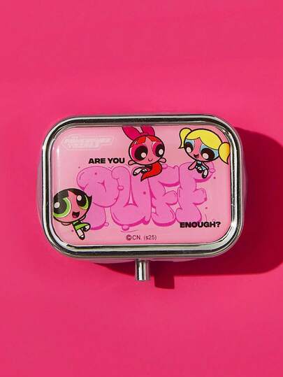 FanGlow THE POWERPUFF GIRLS X SHEIN Small Square Medicine Box Storage Box, Metal Pocket, Portable Packaging, Two Compartments, Cute Mini