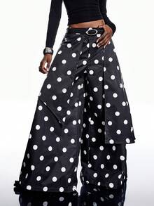 LYSMO 女士波尔卡圆点印花宽松阔腿复古时尚裤 - 黑與白 - 查看 5