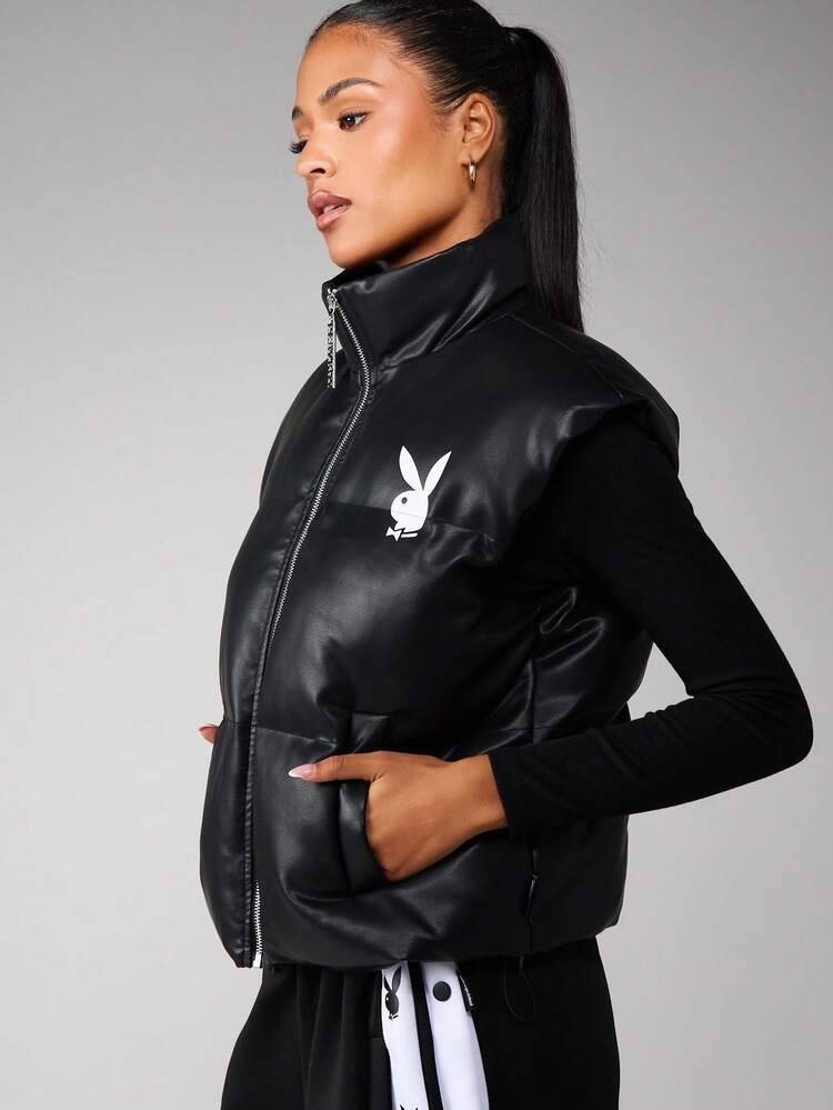 Missguided x Playboy Bunny Logo Oversized Puffer Gilet Vest Winter Coat With Full Zip Closure And Side Pockets