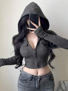 Áo crop top trùm đầu thường ngày bằng vải nỉ có họa tiết dành cho nữ, có túi lớn, phong cách tiện dụng ngoài trời, tay dài, ôm sát, phù hợp cho mùa thu và xuân Y2K - Màu xám đen - Xem 2