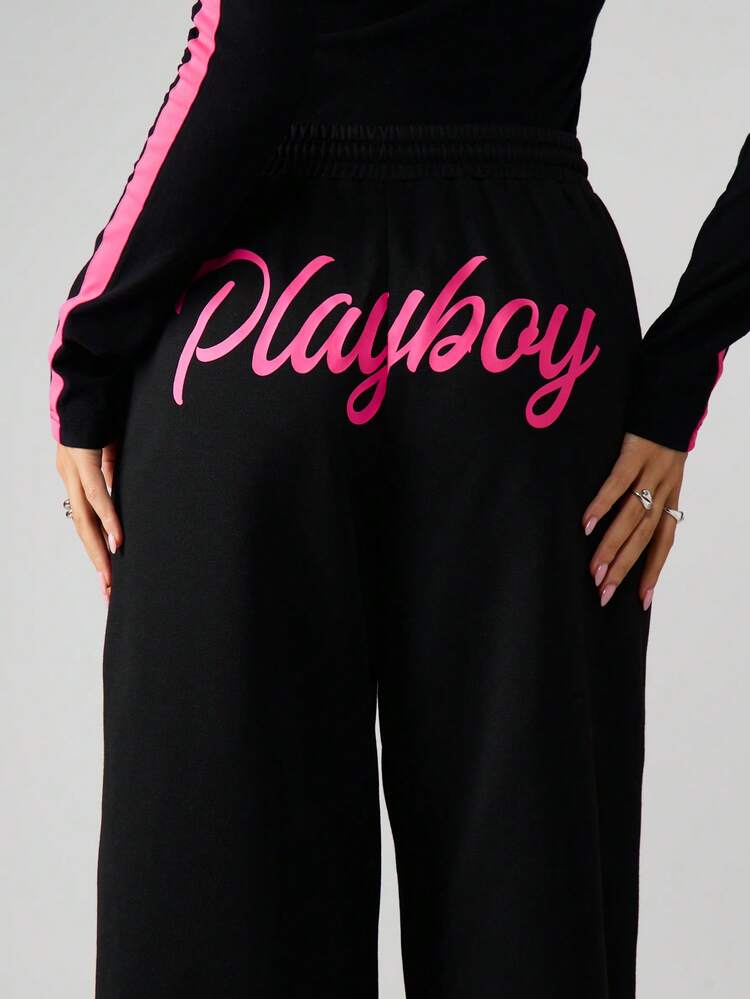 Missguided x Playboy Calça Jogger com Cordão e Detalhe de Listras Laterais, Caimento Relaxado, Calça de Moletom para Uso Casual
