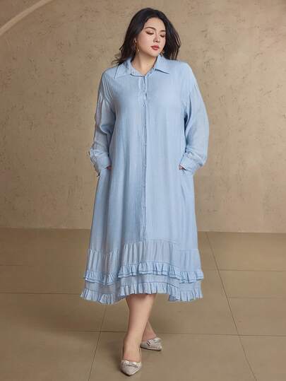 Dazy Plus Plus Size Women Elegant Long Dress With Ruffle Hem, Loose Fit Shirt Collar, Spring/Autumn