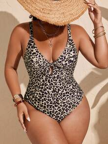 SHEIN Swim Vcay Đồ bơi một mảnh họa tiết da báo gợi cảm cổ chữ V thiết kế khoét lỗ có thể điều chỉnh cỡ lớn dành cho nữ, đi nghỉ thường ngày - Nhiều màu - Xem 5
