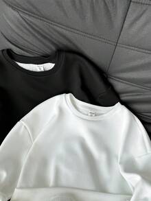 SHEIN Tween Girls' Loose Casual Minimalist Comfortable Crew Neck Pullover Sweatshirt, Multi-Pack - Black and White - View 3