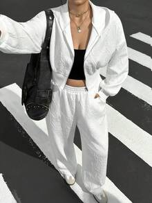 SHEIN EZwear Plus Size 2pcs Set: Casual Sports Letter Embossed Zip-Up Hoodie And Pants, Autumn/Winter