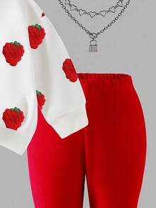 1 Set Baby Girls Casual Fashionable Sweet Cute Strawberry Print White Crew Neck Sweatshirt And Red Flared Pants Set, Autumn/Winter Baby Girl Sweatshirt Set, Strawberry Sweatshirt And Pants Two Pieces Casual Outfit - Multicolor - View 3