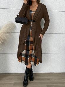 EMERY ROSE Plus Size Women Plaid Slip Dress + Asymmetrical Ribbed Cardigan 2-Piece Set, Casual Outerwear For Autumn/Winter Fall - Multicolor - View 3